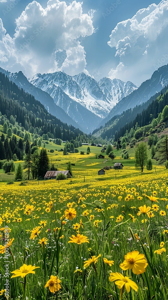Fototapeta premium A scenic alpine meadow covered in yellow wildflowers, set against towering, snow-capped mountains under a clear blue sky.