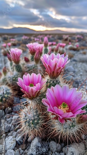 A desert scene with blooming cacti covered in pink flowers, set against a mountainous backdrop and a cloudy sky.