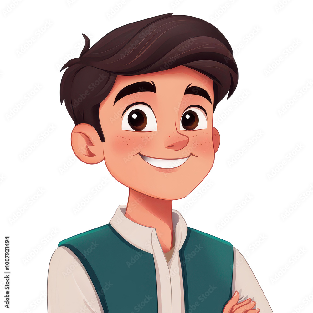 A cheerful rural young man in traditional attire, with a playful head tilt, watching with a charming smile in a vibrant cartoon style. A cheerful rural young man in traditional attire, with a playful head tilt, watching with a charming smile in a vibrant cartoon style.