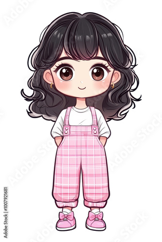 A cute chibi girl with big brown eyes, clad in pink plaid overalls and a white shirt, radiates charm and warmth.