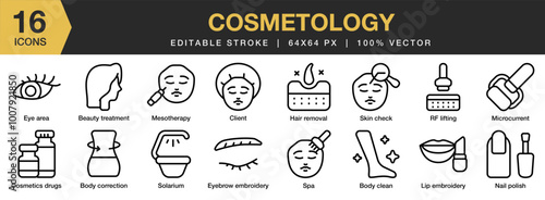 Cosmetology icon set. Editable Stroke Icon Collection. Includes spa, solarium, skin check, nail polish hair removal, and More. Outline icons vector collection.