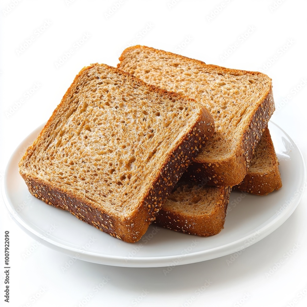 Whole wheat bread on a white plate, isolated on a white background, highlighting its wholesome texture and grainy crust. Whole wheat bread on a white plate, isolated on a white background, highlighting its wholesome texture and grainy crust.