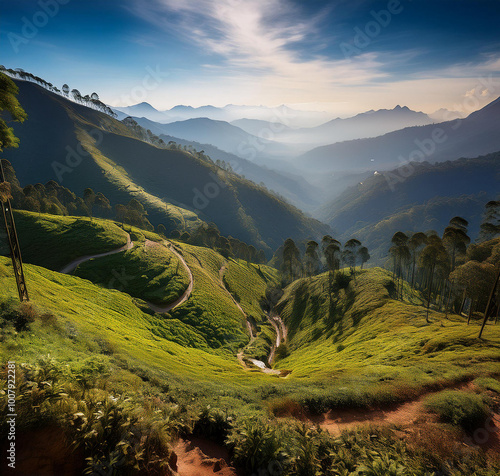 Coonoor, green field, tea plantation. Nilgiri mountain 