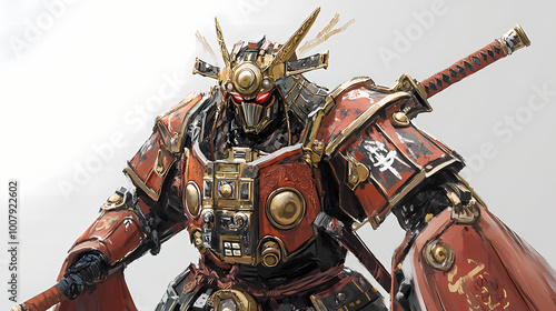 **a noble samurai lord in ornate armor, wielding a katana. Robot Overlord. Illustration