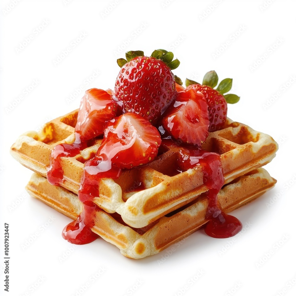 Oozing strawberry sauce on an isolated waffle with a white background, rich detail. Oozing strawberry sauce on an isolated waffle with a white background, rich detail.
