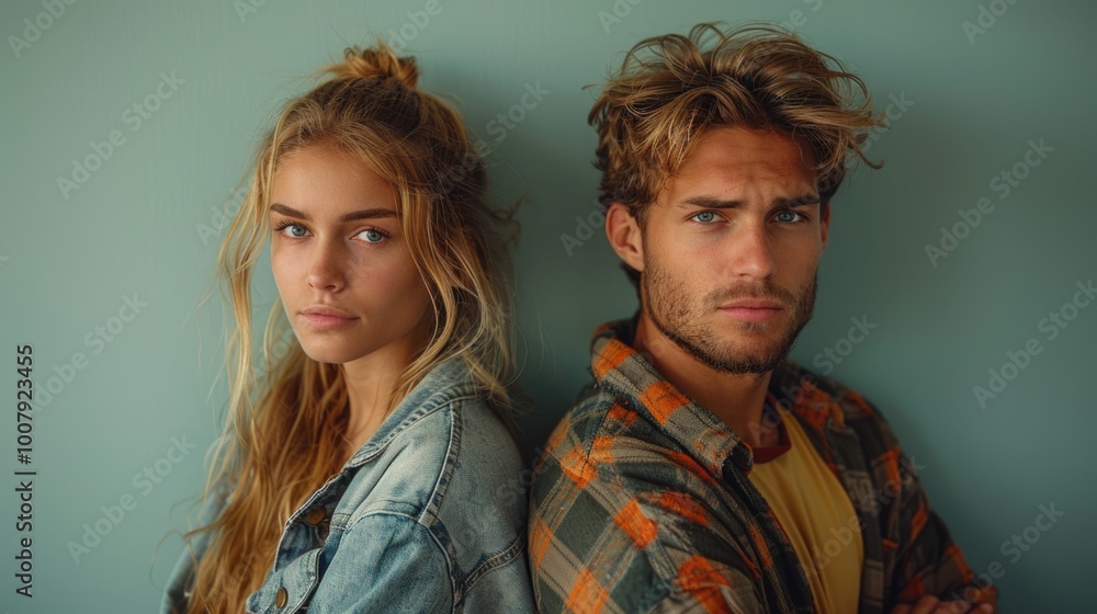 Young Couple with Serious Expressions in Casual Outfits Against Teal Background Young Couple with Serious Expressions in Casual Outfits Against Teal Background