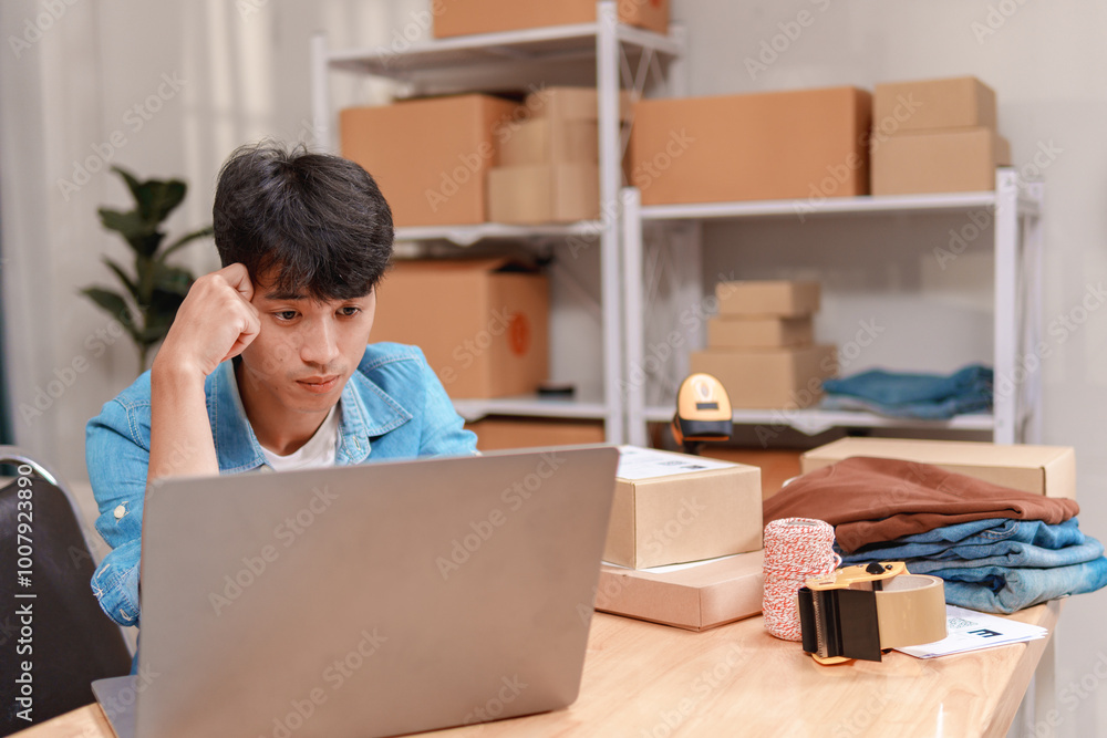 Asian vlogger man influencer review or sell product on live streaming, work at home Asian vlogger man influencer review or sell product on live streaming, work at home