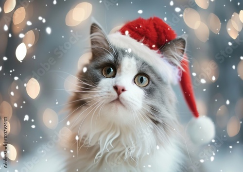 Festive Cat in Santa Hat Surrounded by Snowflakes and Bokeh LightsPerfect Christmas Holiday Image