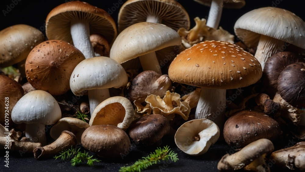 Collection of mushrooms on dark background showcasing variety of shapes and sizes Collection of mushrooms on dark background showcasing variety of shapes and sizes