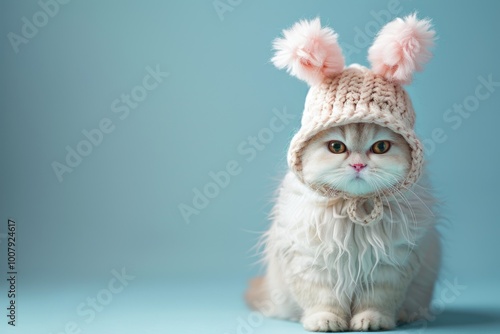 Fluffy Cat Wearing Adorable Bunny Hat Against Blue Background for Cute and Humorous Animal photo