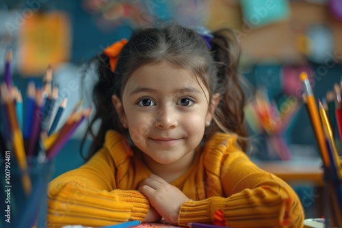 Portrait of a little girl sitting at school at a table next to colored pencils