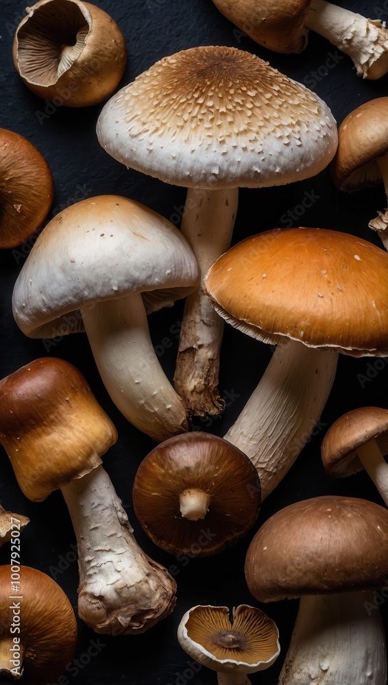 Close-up collection of various mushrooms in different colors and sizes on dark backdrop Close-up collection of various mushrooms in different colors and sizes on dark backdrop