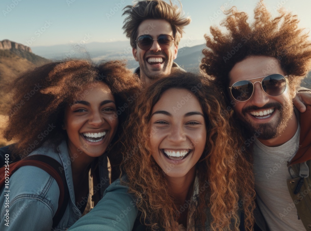 Happy friends taking a selfie on a mountaintop Happy friends taking a selfie on a mountaintop
