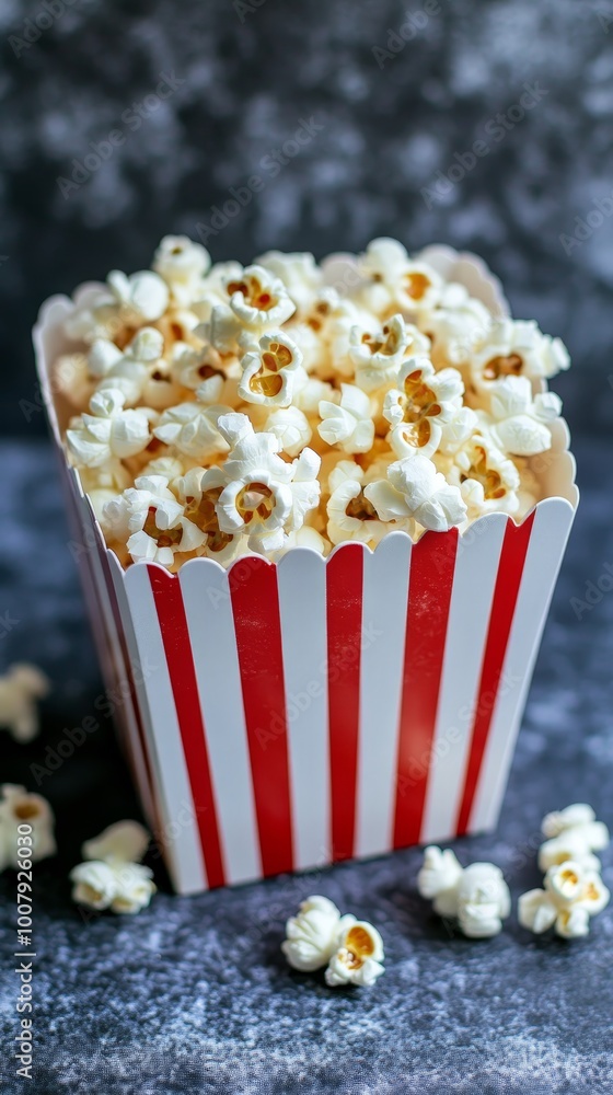 Capture the irresistible charm of freshly popped popcorn, with fluffy kernels spilling from a classic red-and-white striped container, drizzled with melted butter and sprinkled with sea salt Capture the irresistible charm of freshly popped popcorn, with fluffy kernels spilling from a classic red-and-white striped container, drizzled with melted butter and sprinkled with sea salt