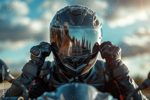 Motorcycle rider wearing helmet and gloves at sunset