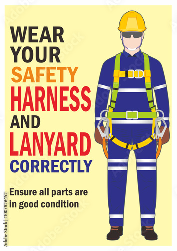 Safety poster design of wear the body harness and inspection of all parts.