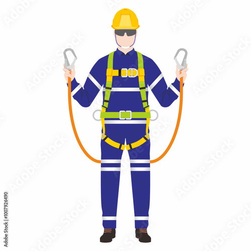Man of worker wearing full body safety harness. Show double connecting device or lanyard and hook. Fall protection and gear for work at height.