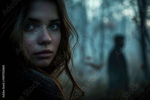 Woman looking over shoulder in forest