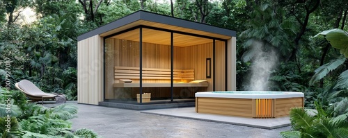 Modern outdoor sauna with steaming hot tub surrounded by lush woodland, highlighting eco-friendly wellness retreats photo