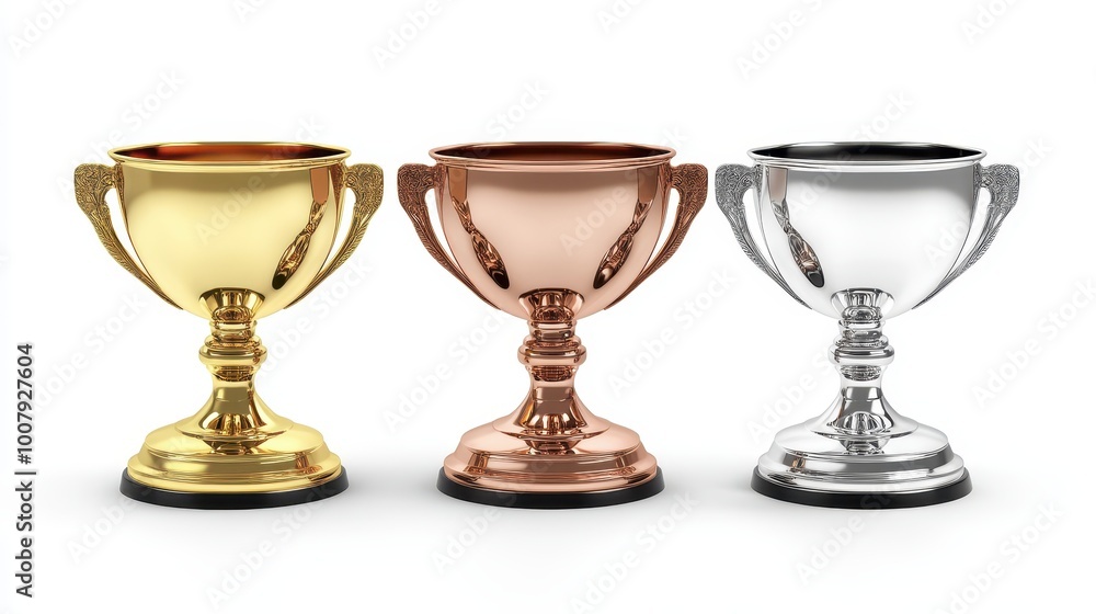 Three Classic Trophy Cups in Gold, Silver, and Bronze Three Classic Trophy Cups in Gold, Silver, and Bronze