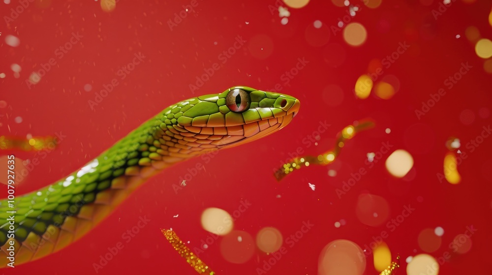 Fototapeta premium Beautiful snake on a red background. Exotic reptile. Symbol of the New Year. Design of cards and invitations for the Christmas holidays.