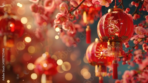 Numerous red lanterns are suspended from the branches of a tree, creating a vibrant and festive display against the sky. photo