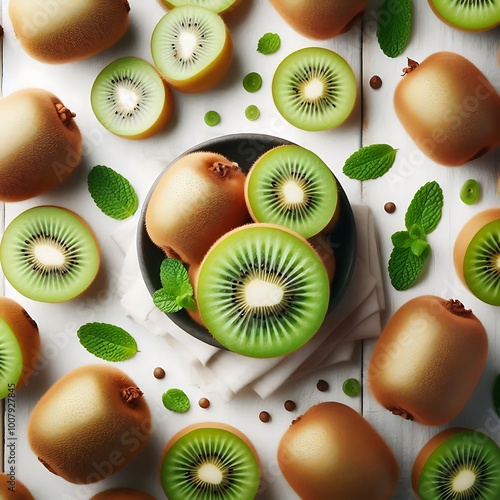 Fresh Kiwi Fruit Sliced on White Table with Mint