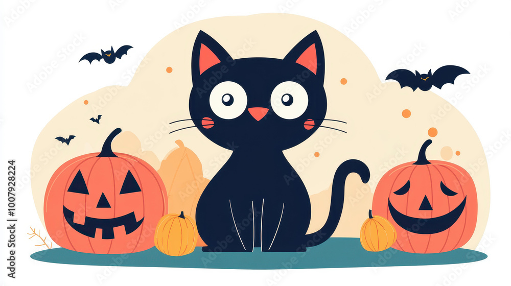 A spooky black cat playfully interacts with pumpkins, embodying the charm of Halloween in a captivating illustration. A spooky black cat playfully interacts with pumpkins, embodying the charm of Halloween in a captivating illustration.