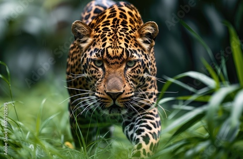 Leopard walking through tall grass