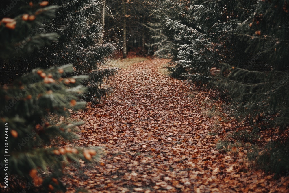 Fototapeta premium A Path Through an Autumn Forest, Covered in Fallen Leaves