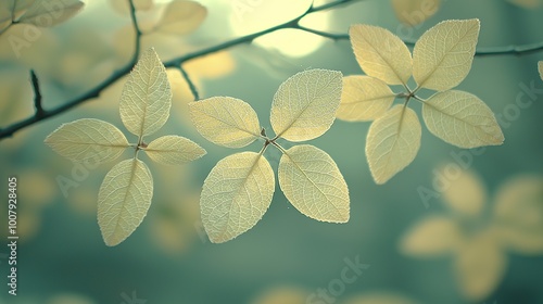 Delicate leaves with intricate veins, a minimalist nature scene with soft light.