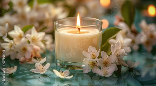 Burning candle with white flowers on blue surface