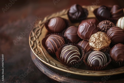 Assorted chocolate truffles in a gold bowl