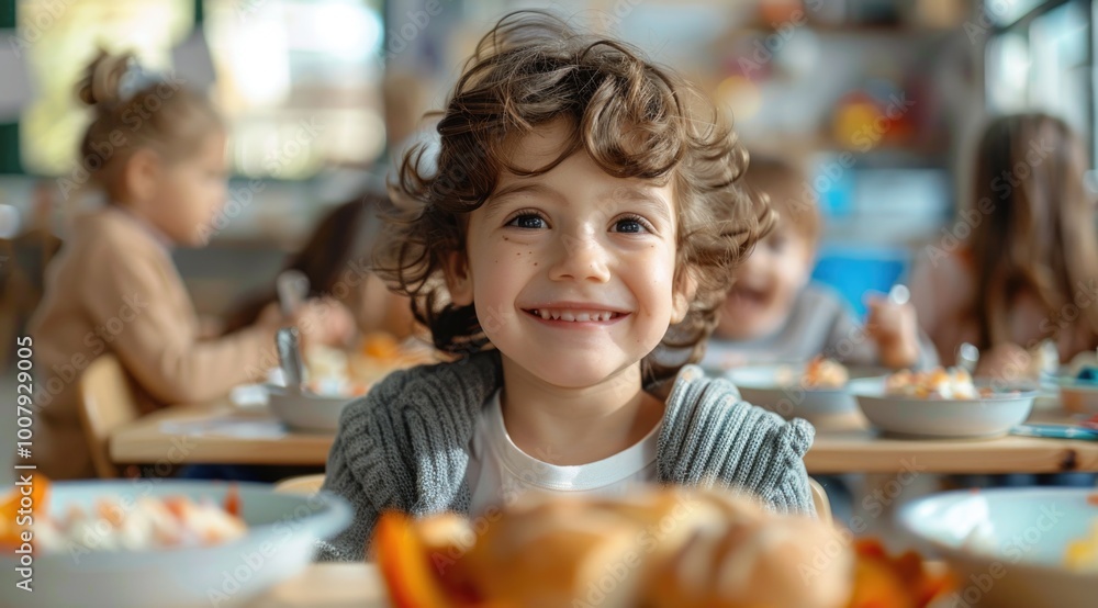 Young boy sitting at table with food Young boy sitting at table with food