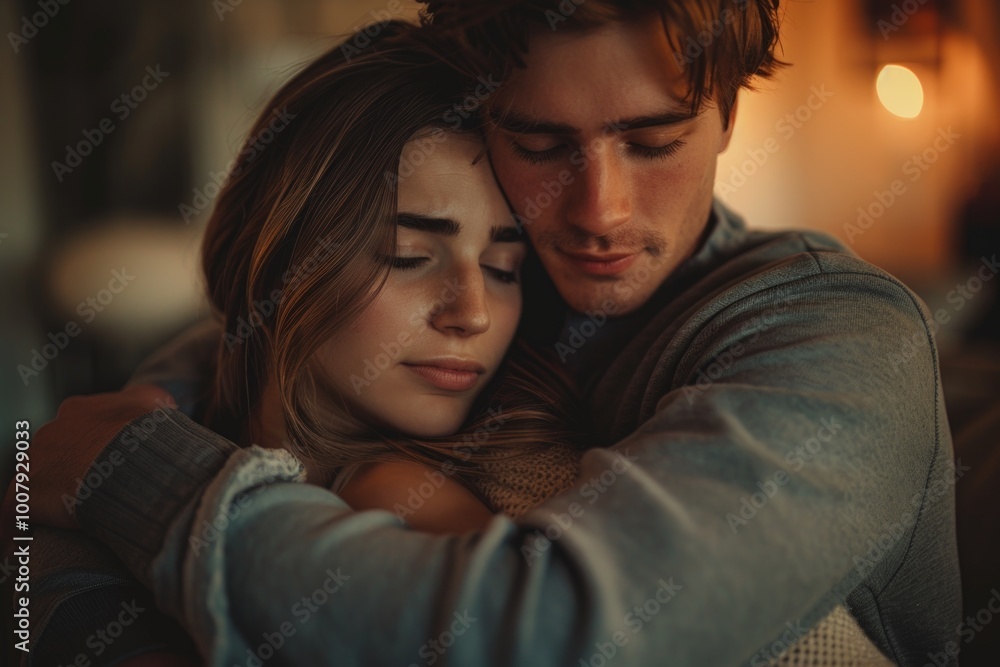A man and woman hugging in a dark room A man and woman hugging in a dark room