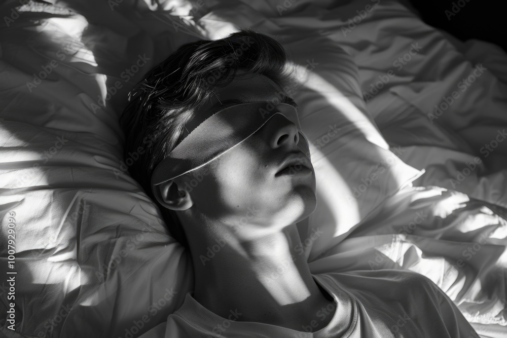 Young Man with Blindfold Asleep in Bed – Conceptual Black and White Young Man with Blindfold Asleep in Bed – Conceptual Black and White