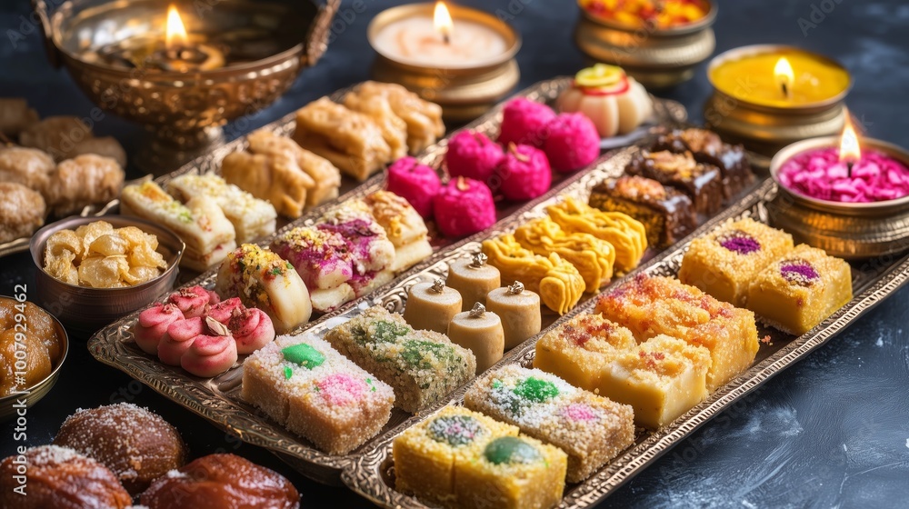 A vibrant assortment of traditional sweets displayed on a decorative platter during a festive celebration A vibrant assortment of traditional sweets displayed on a decorative platter during a festive celebration