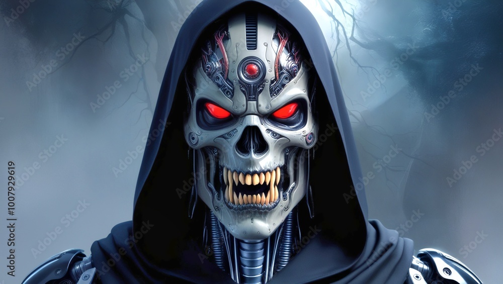 A creepy cyborg figure with a mechanical skull-like face. Glowing red eyes, giving a sharp and intimidating impression A creepy cyborg figure with a mechanical skull-like face. Glowing red eyes, giving a sharp and intimidating impression