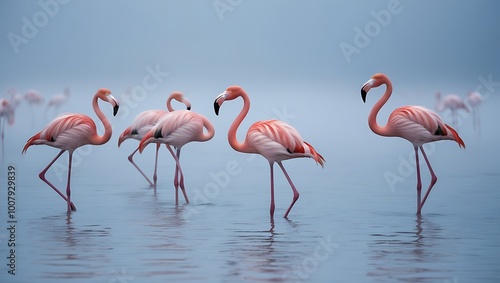 This ethereal image captures a peaceful moment as a group of pink flamingos wades through mist-covered waters in the early morning light.