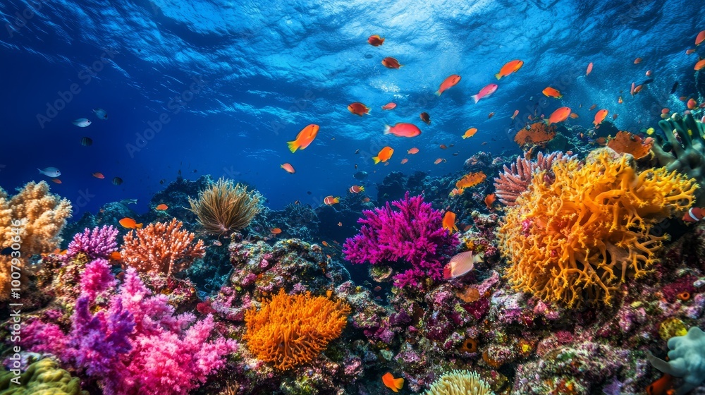 Naklejka premium A vibrant coral reef with a variety of colorful corals and small fish isolated