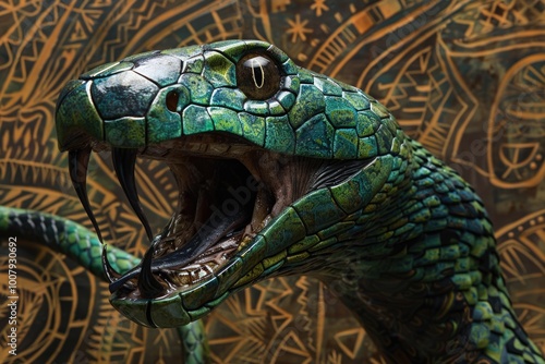 CloseUp of Vibrant Green Snake with Open Mouth and Intricate Background Patterns photo