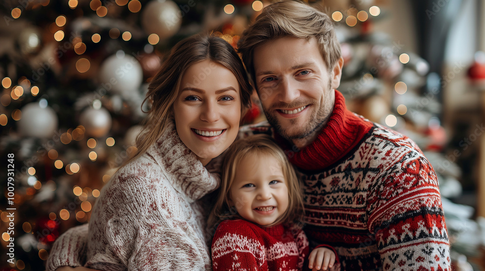 Capture a family portrait dressed in Christmas sweaters, posing in front of a decorated tree, perfect for Christmas cards Capture a family portrait dressed in Christmas sweaters, posing in front of a decorated tree, perfect for Christmas cards