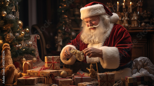 A playful scene of someone dressed as Santa placing presents under the Christmas tree