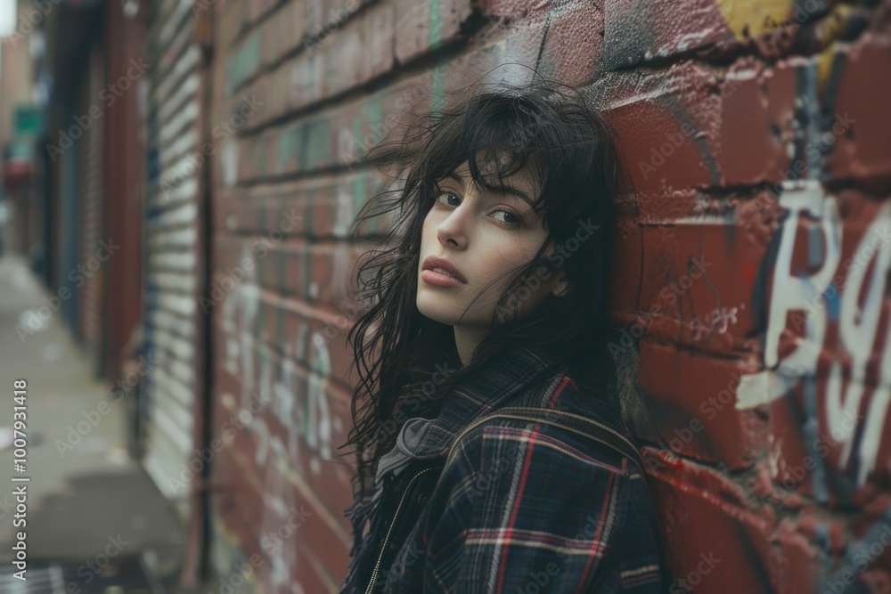 Fototapeta premium Woman leaning against brick wall