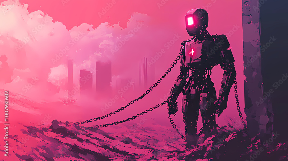 Fototapeta premium A futuristic robot ensnared in radiant chains marked with human rights, standing in a stark, dystopian landscape, highlighting ai's ethical constraints. Robot Overlord. Illustration