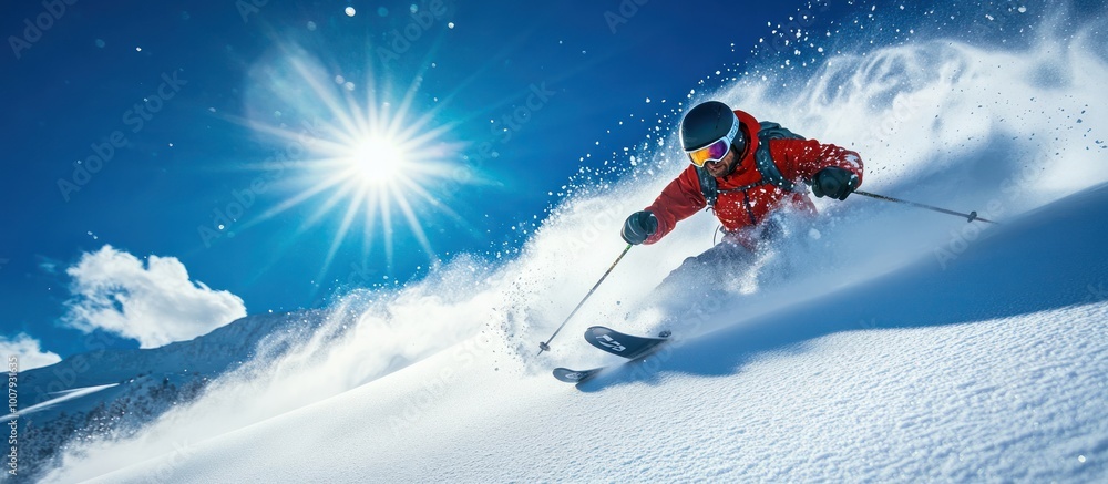 A skier carving a turn in fresh powder on a sunny day in the mountains. A skier carving a turn in fresh powder on a sunny day in the mountains.