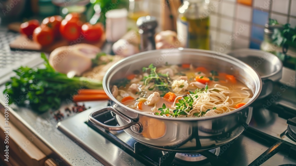 Pot of homemade chicken soup with noodles on a kitchen stove Pot of homemade chicken soup with noodles on a kitchen stove