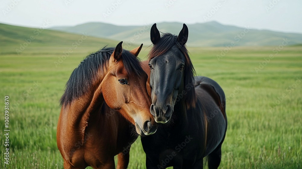 Obraz premium A Brown and Black Horse Nuzzling in a Lush Green Field