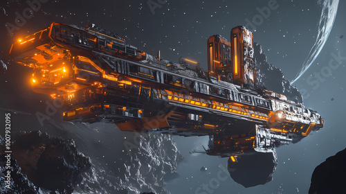 Fototapeta Naklejka Na Ścianę i Meble -  A futuristic space station stands tall on an asteroid, its bright lights a beacon in the vast darkness of space. Asteroid Mining Station. Illustration