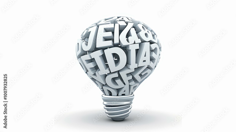 A creative bulb shape filled with 3D letters sparks inspiration, showcasing the power of ideas against a clean white backdrop. A creative bulb shape filled with 3D letters sparks inspiration, showcasing the power of ideas against a clean white backdrop.